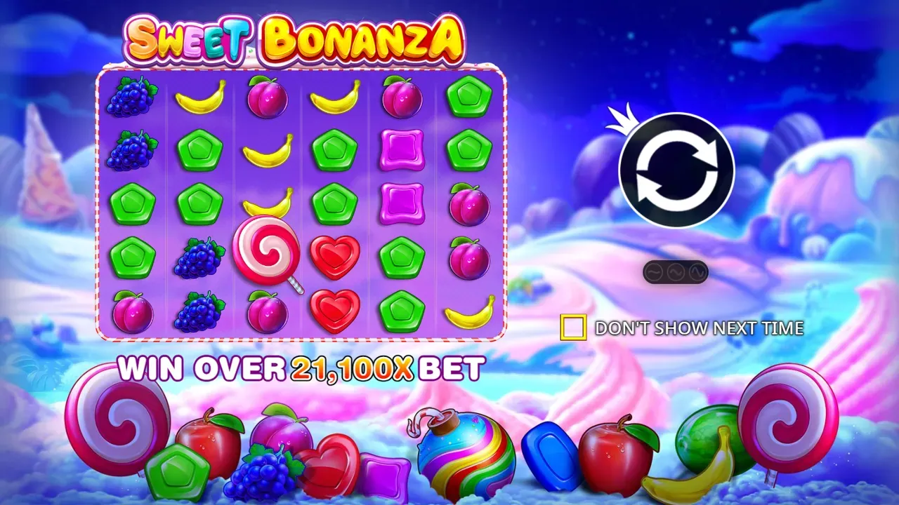 Sweet Bonanza demo loading screen: the 6x5 grid and «win over 21,100x bet»