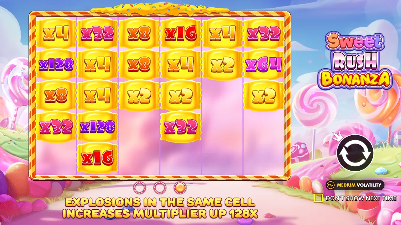 Sweet Rush Bonanza demo screen: spot multipliers from x2 to x128
